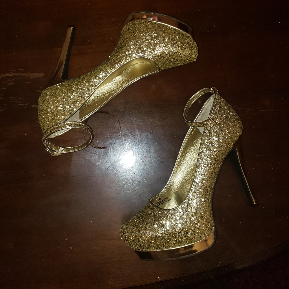 Festive Gold Sequin Ankle strap heels